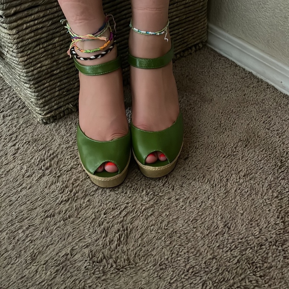 Green and tan Bebe heels